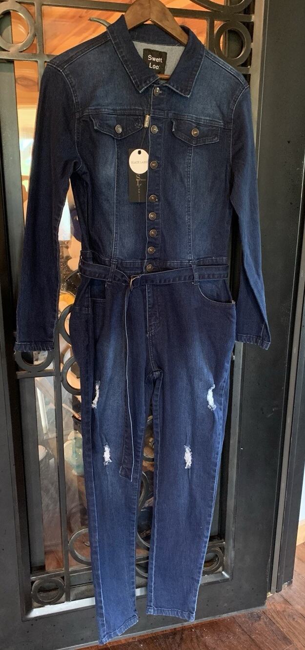 Sweet Look Black Label Denim Jumpsuit Womens L NWT Distressed Ripped Long Sleeve